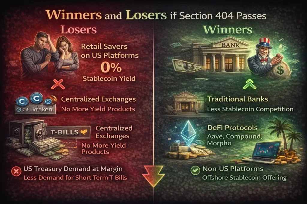 Infographic showing winners and losers if Section 404 of the CLARITY Act passes, highlighting impacts on retail savers, crypto exchanges, traditional banks, DeFi protocols, and offshore platforms.