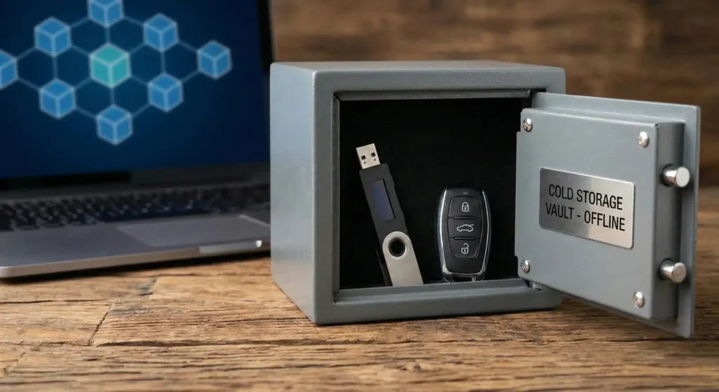hardware crypto wallet stored in an offline cold storage safe representing secure self custody of private keys