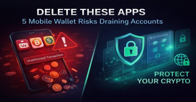 Illustration showing mobile wallet security risks, fake crypto apps, and account-draining threats affecting cryptocurrency investors.