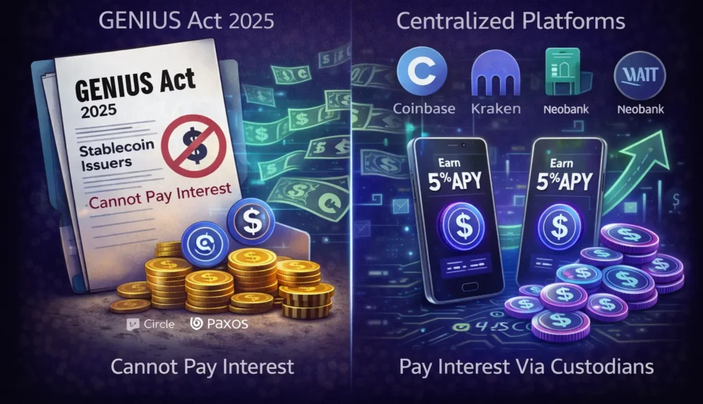 Infographic explaining the GENIUS Act 2025 stablecoin interest restriction and how exchanges like Coinbase and Kraken offered USDC earn programs through custodial platforms.