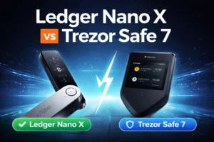 Ledger Nano X vs Trezor Safe 7 hardware wallet comparison 2026 showing device design and security features