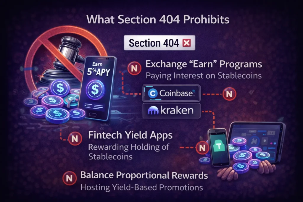 Infographic explaining Section 404 of the CLARITY Act banning stablecoin interest programs, including exchange earn programs, fintech yield apps, and balance-based stablecoin rewards.