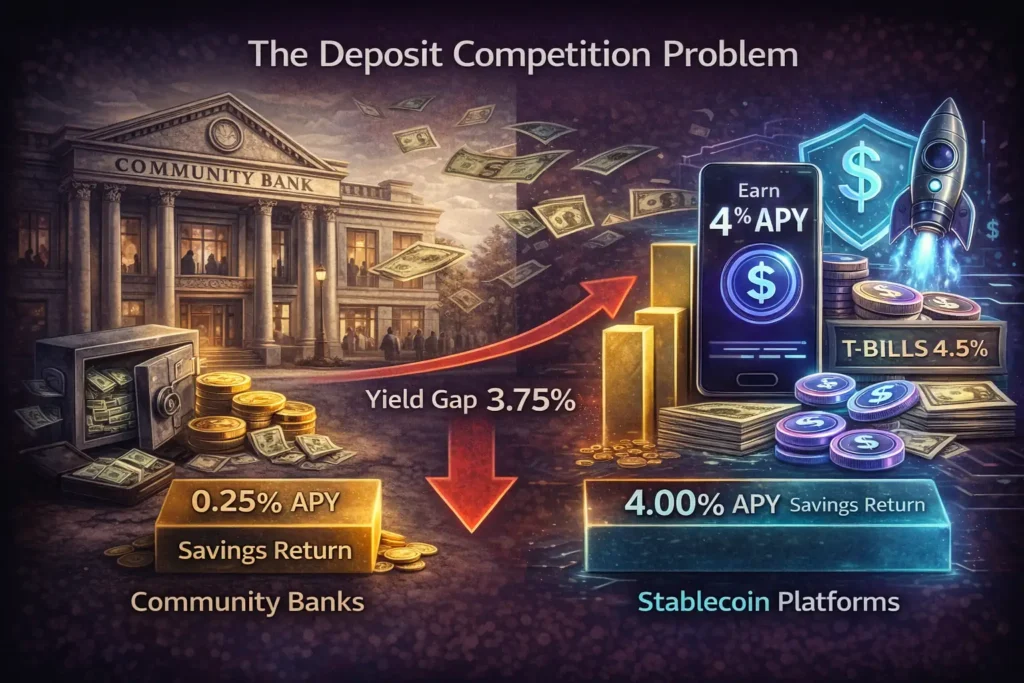 Infographic comparing traditional bank savings yields with stablecoin earn programs, showing how higher stablecoin APY creates deposit competition with community banks.