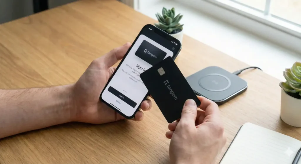 Tangem NFC hardware wallet card used with a smartphone for secure cryptocurrency transactions