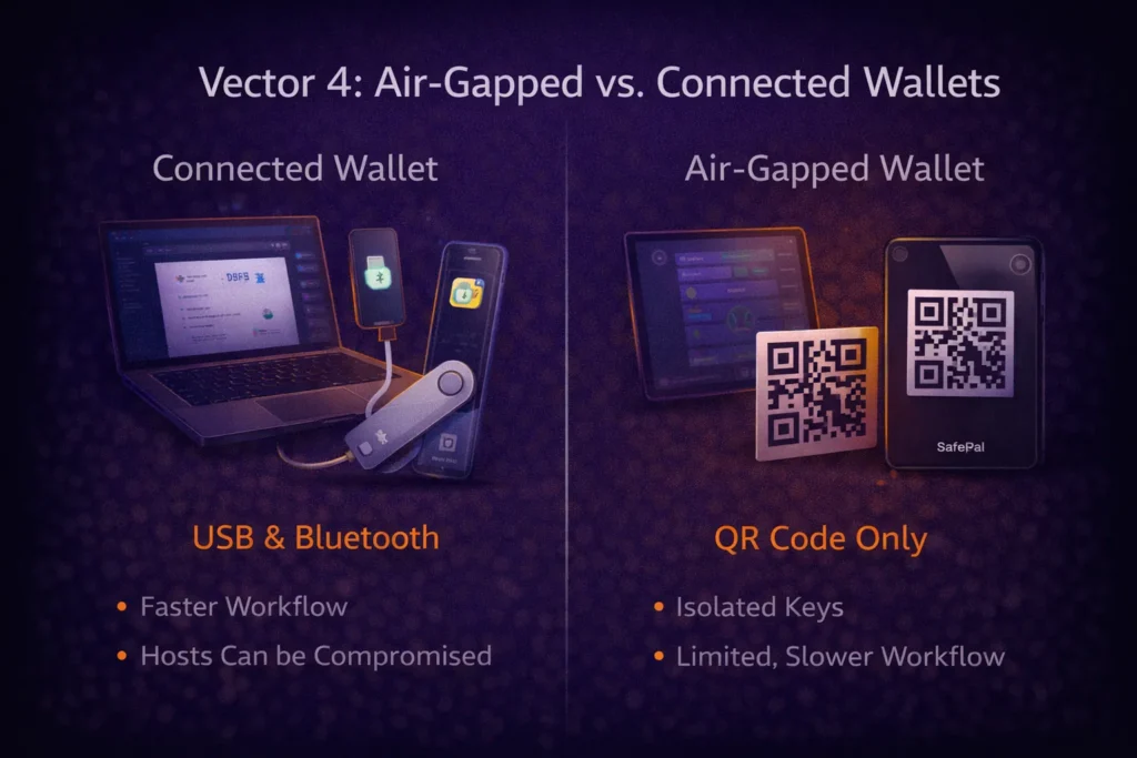 Air-gapped vs connected hardware wallets infographic illustrating the difference between QR code-only secure wallets and USB/Bluetooth-connected wallets, highlighting workflow speed and security risks.