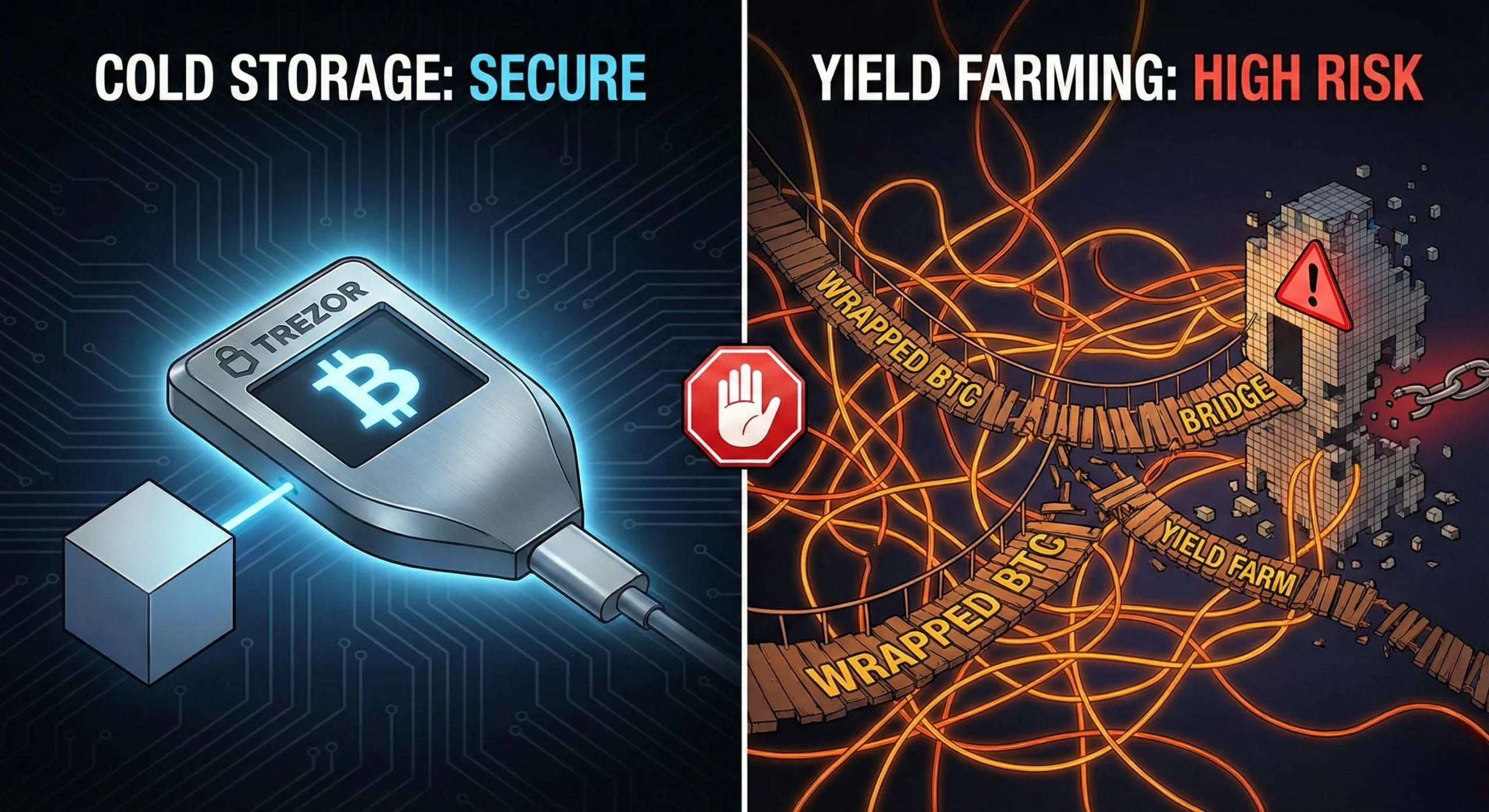 How to Earn Yield on Bitcoin & Crypto in 2026: A Survival Guide 2 Visual comparison contrasting secure Bitcoin cold storage with the high risks of yield farming and b
