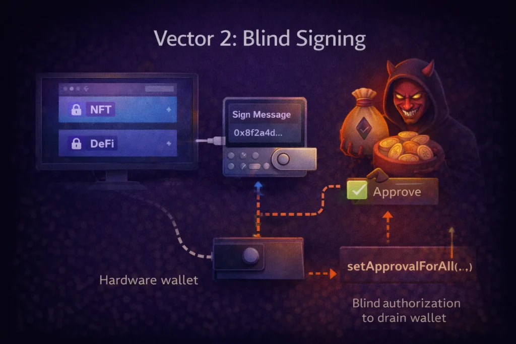 Infographic showing how blind signing attacks work on hardware wallets, illustrating a hacker using DeFi platforms to exploit unsuspecting users with raw hex transactions.