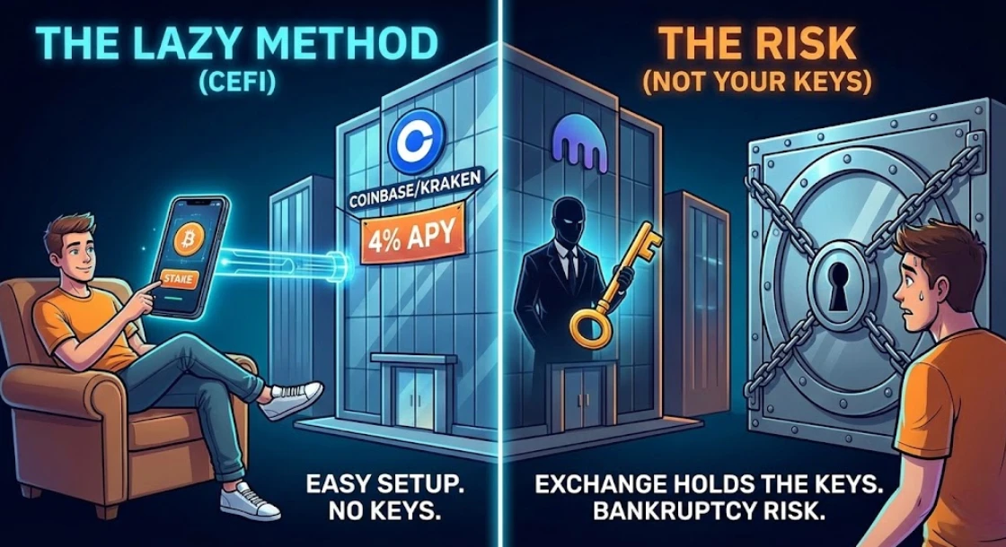 Stablecoin Passive Income 2026: The Realistic Guide to 5-10% Yields 2 Split illustration showing the convenience of earning crypto yield on centralized exchanges like Coi