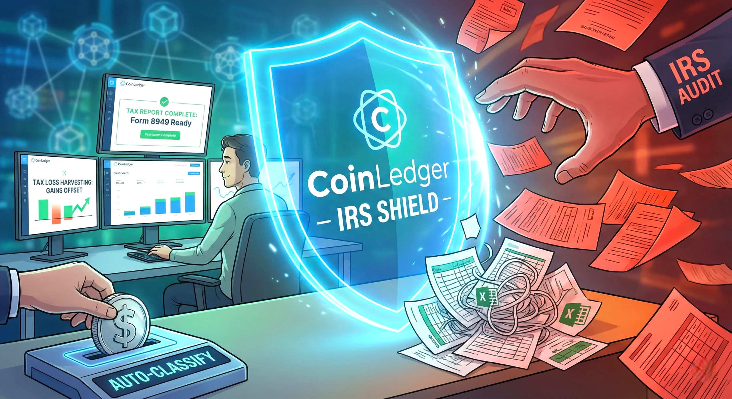 CoinLedger software illustration acting as a protective 'IRS SHIELD' for a crypto user, automaticall