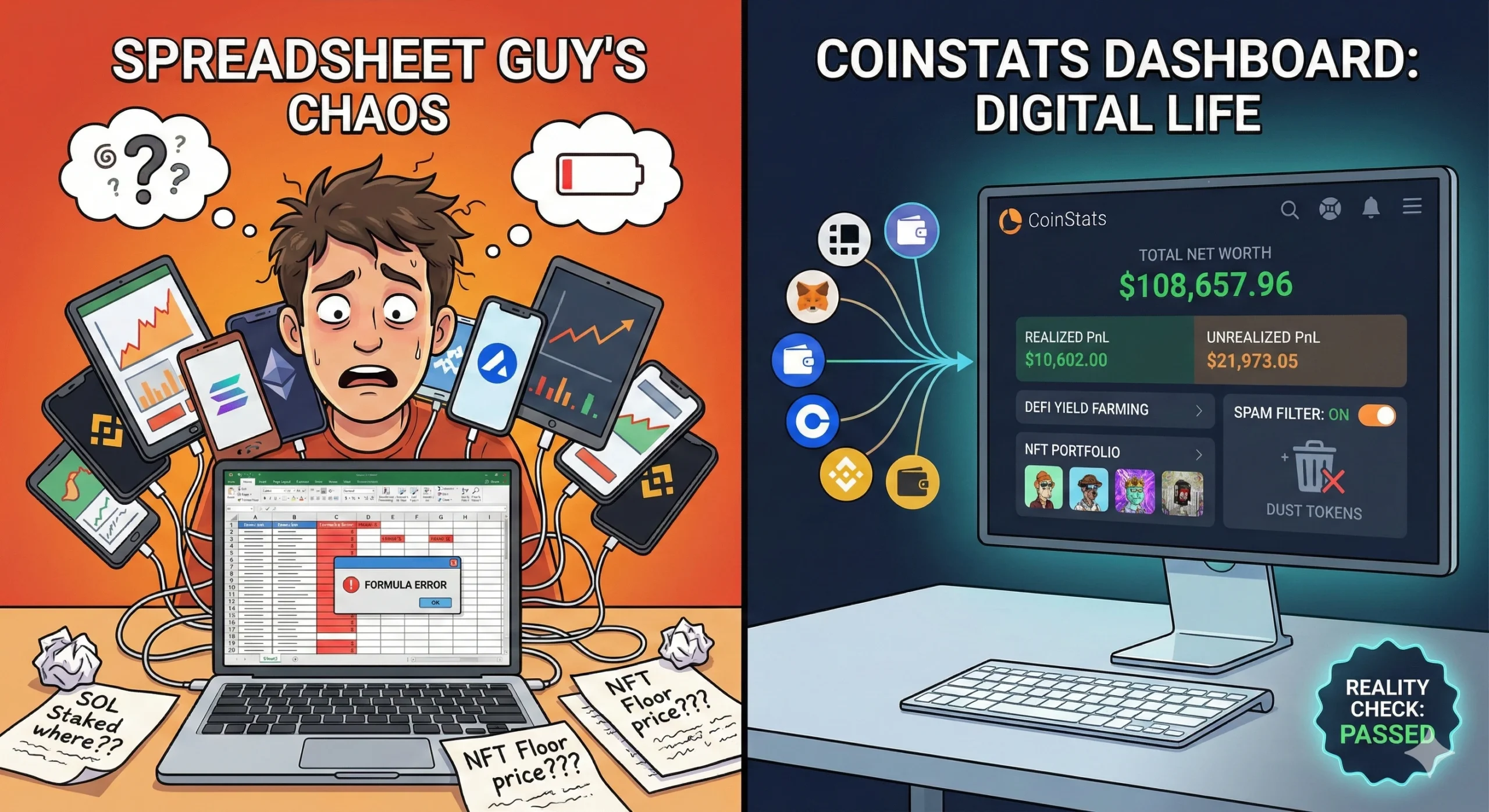 Split-screen comparison of a chaotic manual spreadsheet setup versus the organized CoinStats crypto 