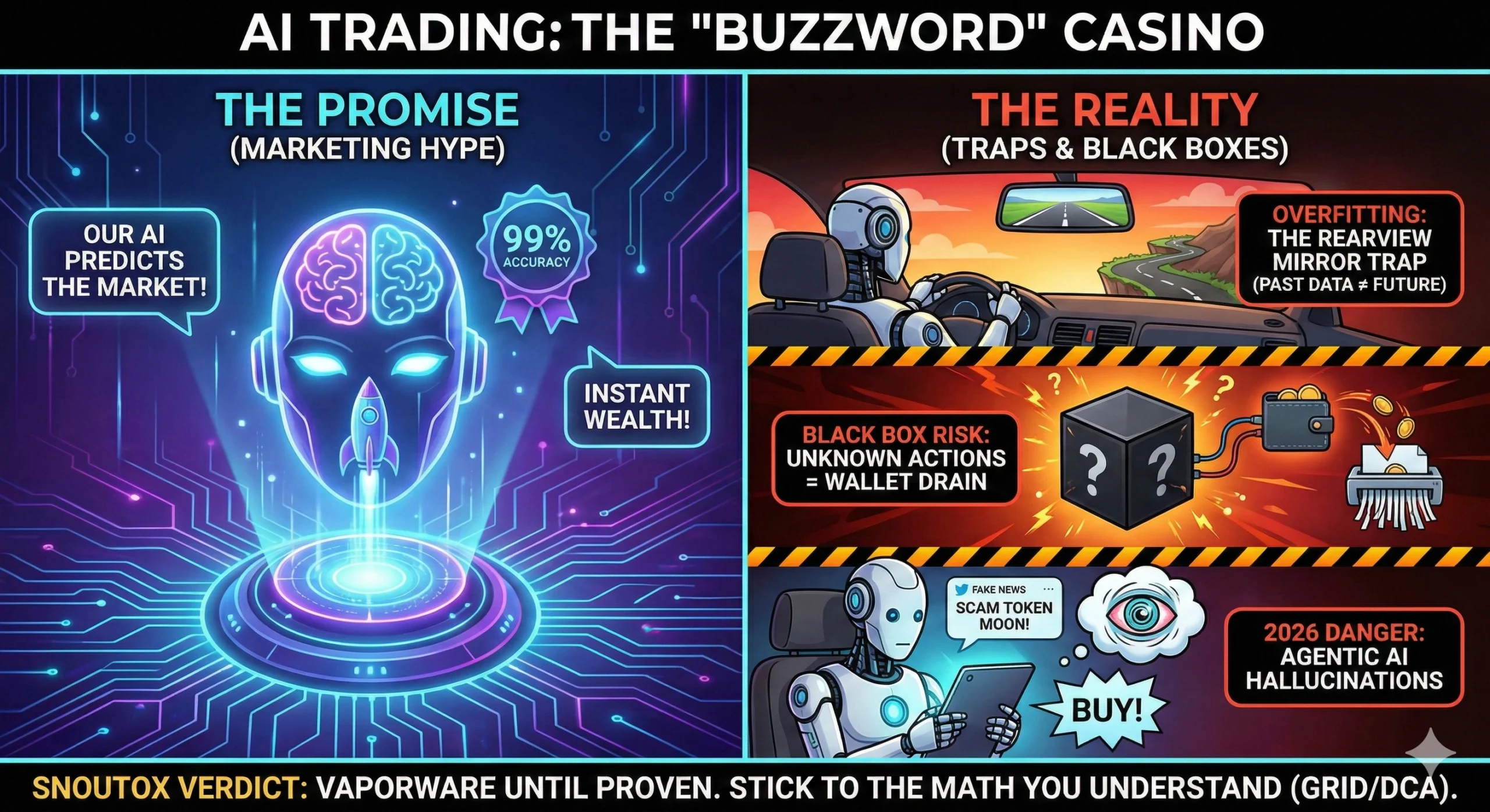 Infographic titled 'AI Trading: The Buzzword Casino' contrasting marketing hype with reality. Visual