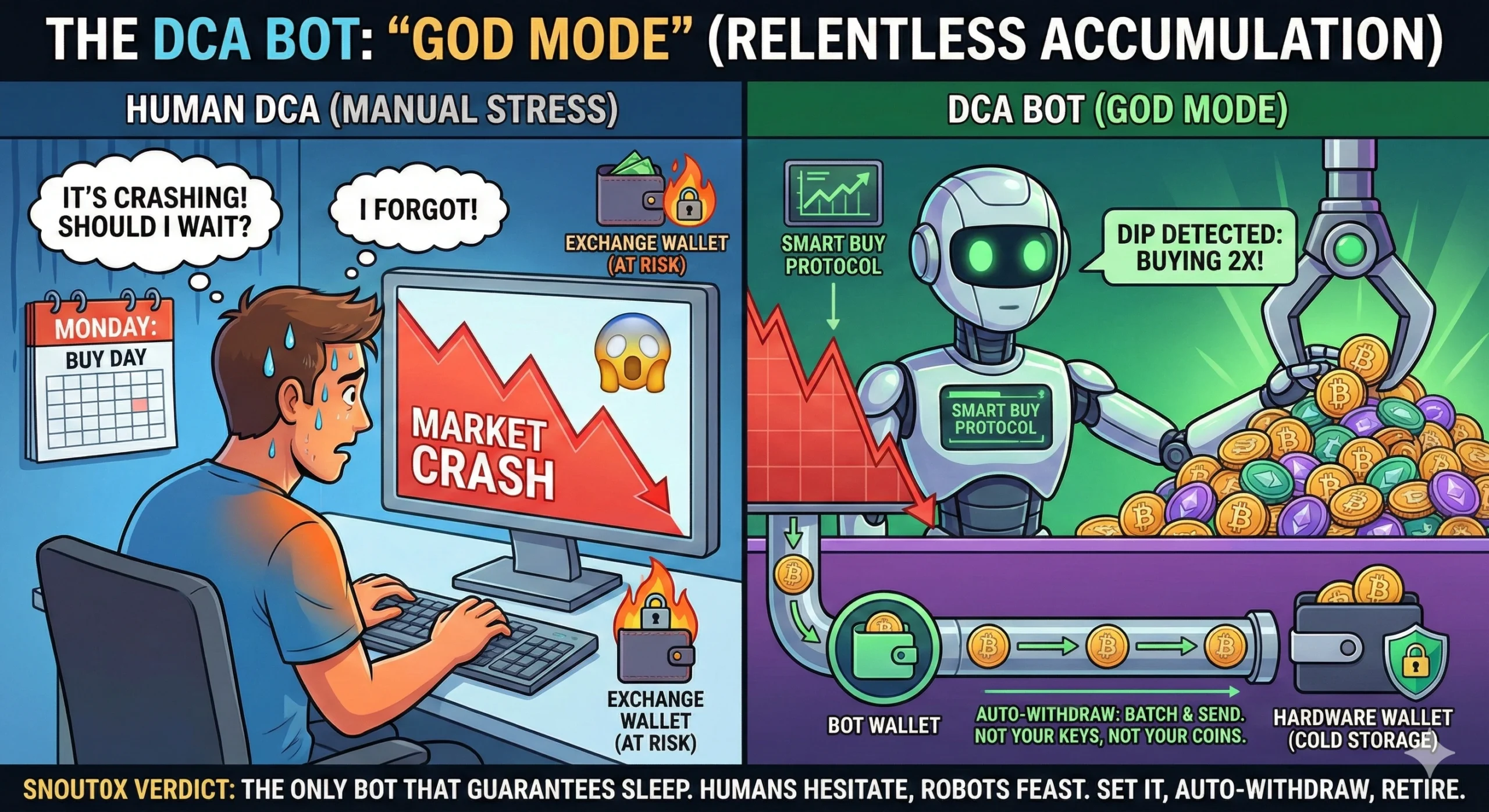 Infographic titled 'The DCA Bot: God Mode' contrasting a stressed human trader with an automated Sma