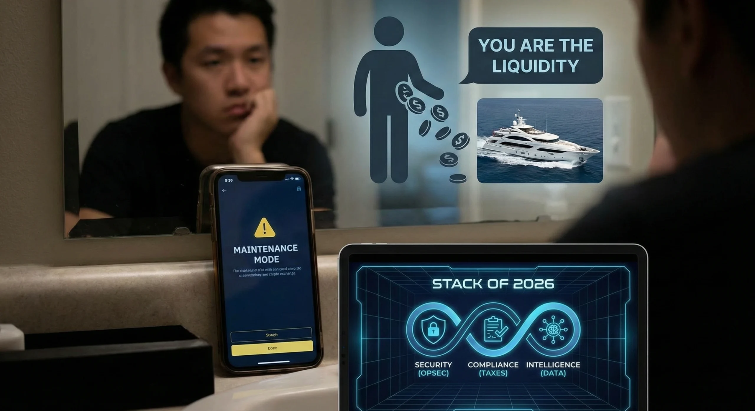 Crypto investor looking in mirror next to an exchange app in maintenance mode, illustrating the risk