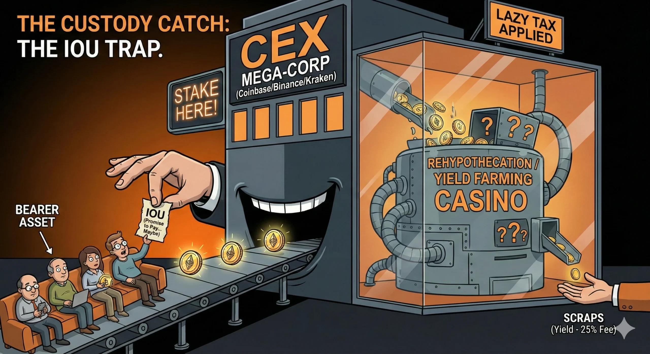 Staking Crypto in 2026: What's the Catch? (Risks & Real Yields) 5 A satirical cartoon illustrating the