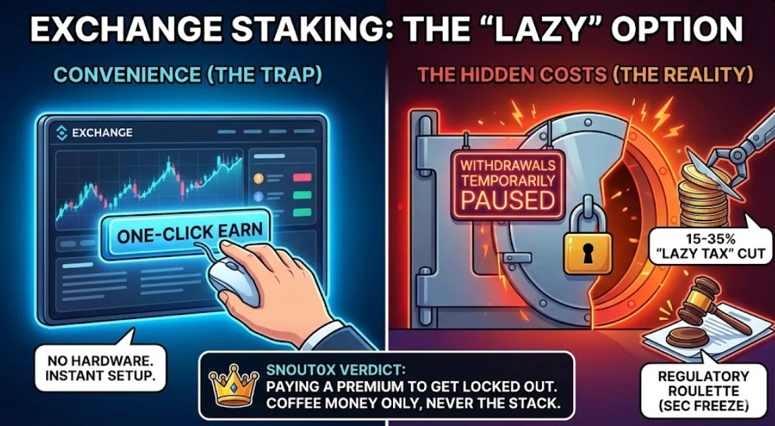Infographic titled 'Exchange Staking: The Lazy Option' contrasting one-click convenience with hidden