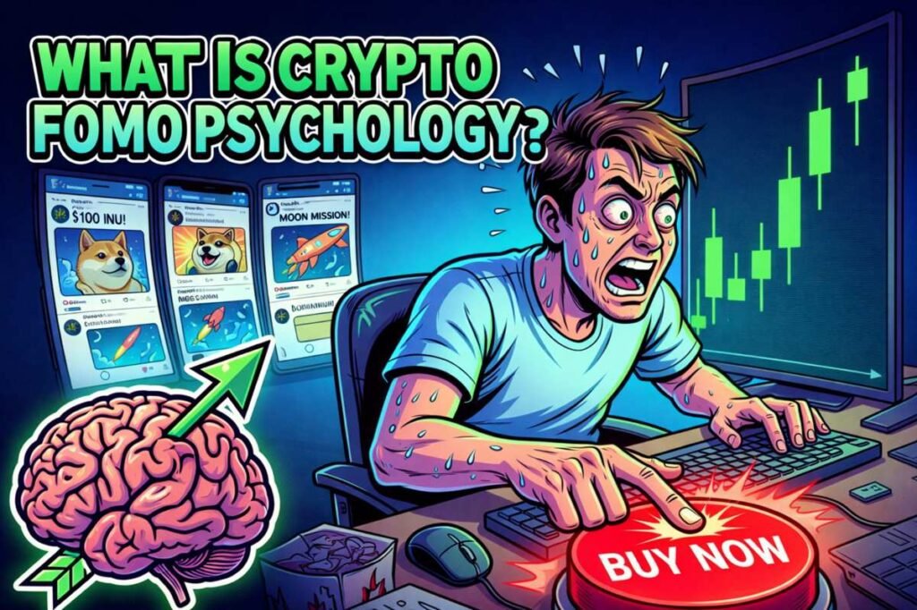 Crypto FOMO psychology illustrated by trader panic during vertical green candle pump