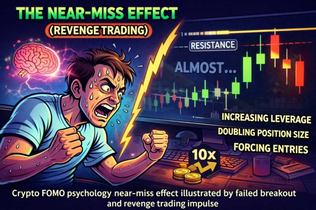 Crypto FOMO psychology near-miss effect showing failed breakout, resistance rejection and revenge trading behavior