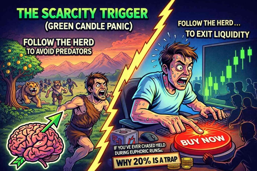 Crypto FOMO psychology scarcity trigger illustrated by herd behavior and vertical green candle market panic