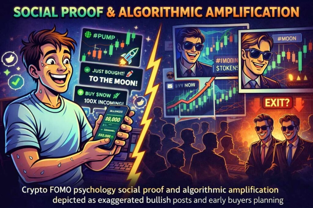 Crypto FOMO psychology social proof and algorithmic amplification illustrated by bullish posts, hype cycles and liquidity exit strategy