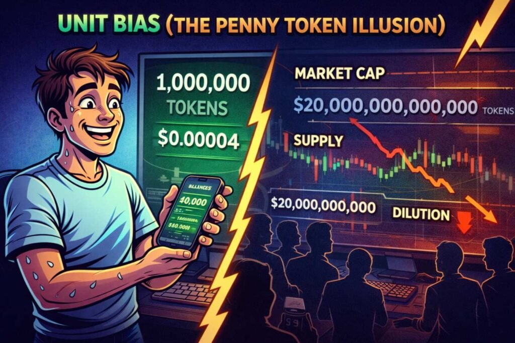 Crypto FOMO psychology unit bias illustrated by penny token illusion, low price per coin and misleading market cap