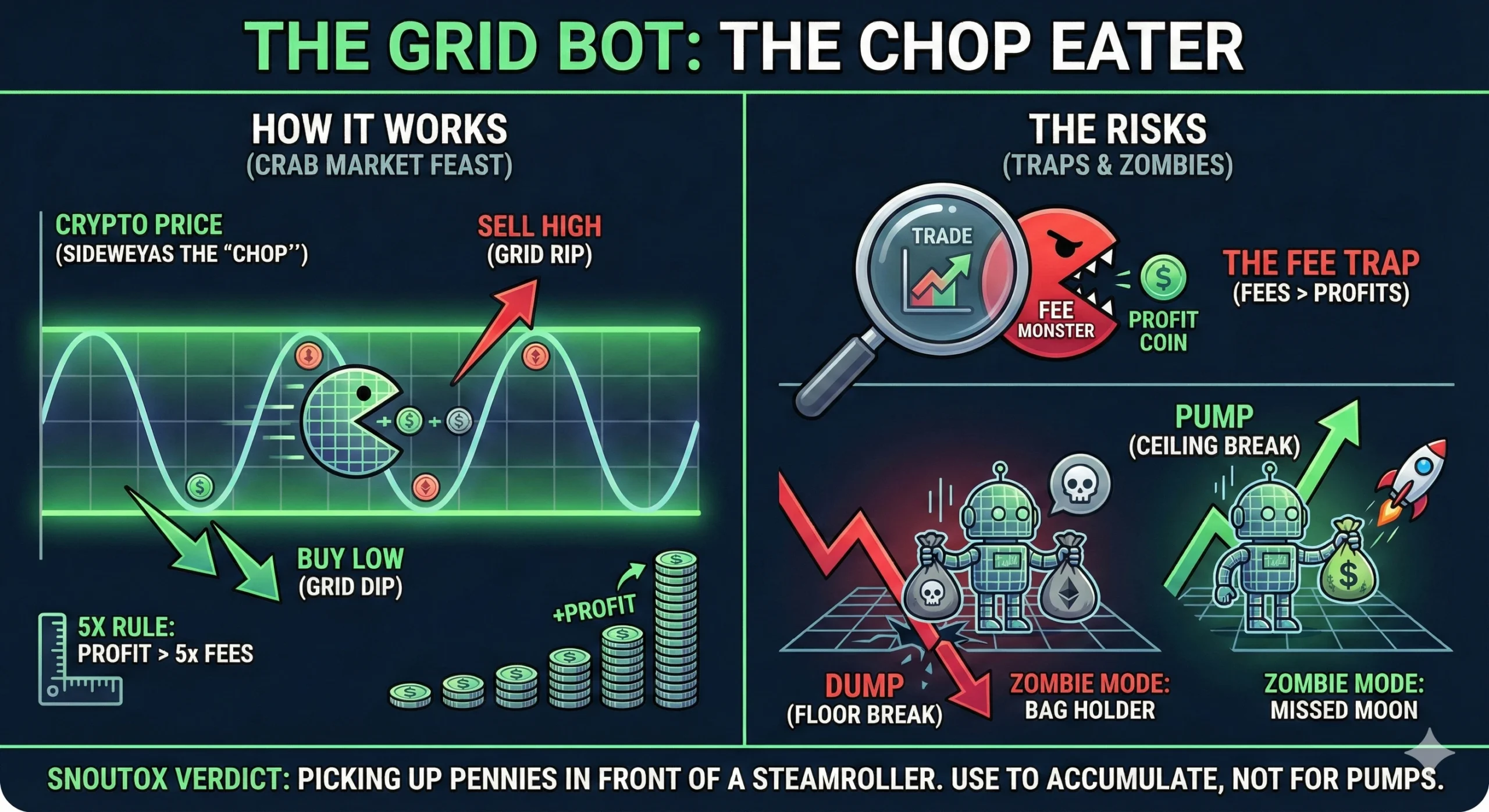 Infographic titled 'The Grid Bot: The Chop Eater' visualizing how grid bots profit in sideways marke