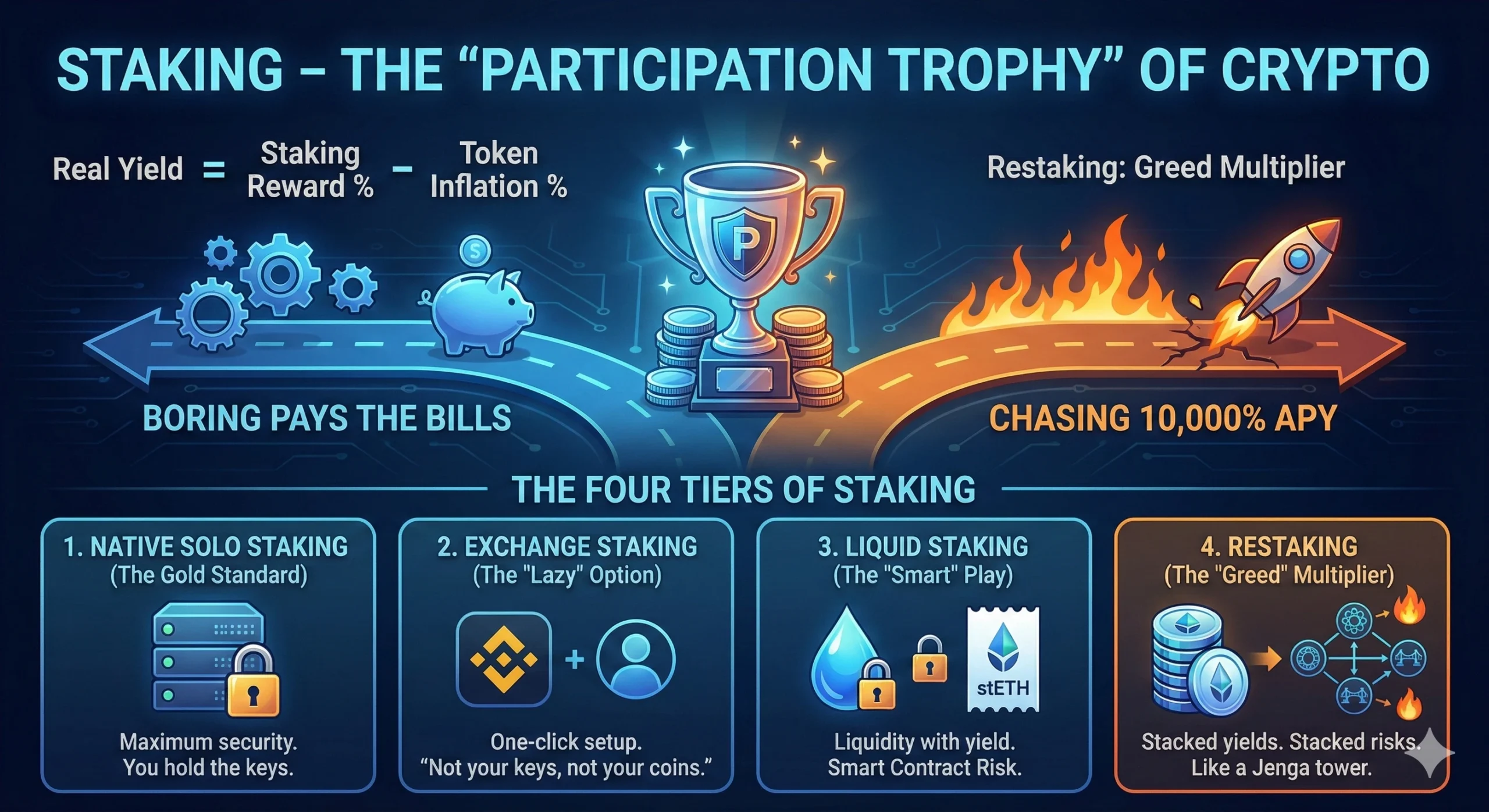 Infographic illustrating the four tiers of crypto staking—solo, exchange, liquid, and restaking—alon