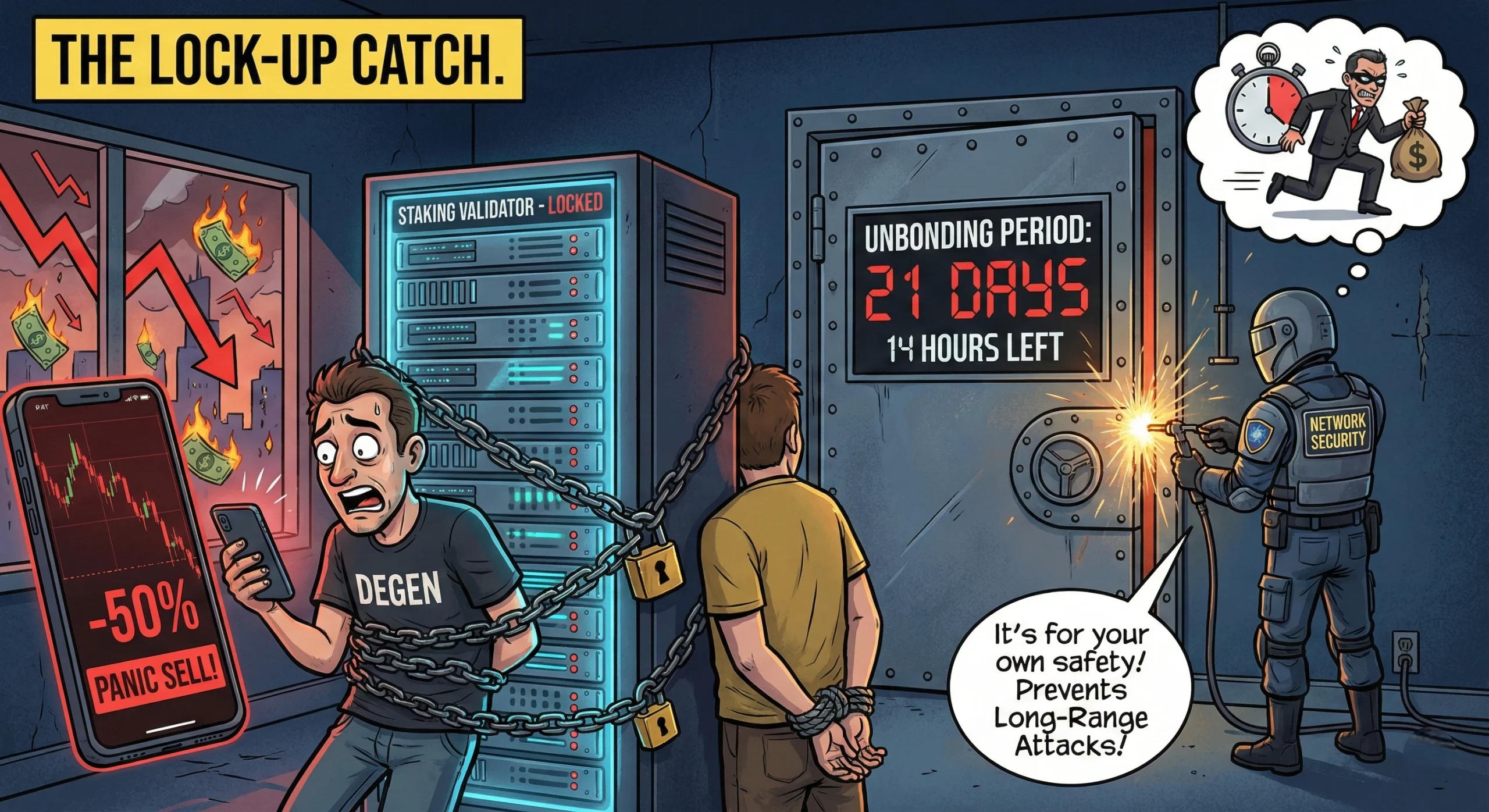 Staking Crypto in 2026: What's the Catch? (Risks & Real Yields) 3 A satirical cartoon titled