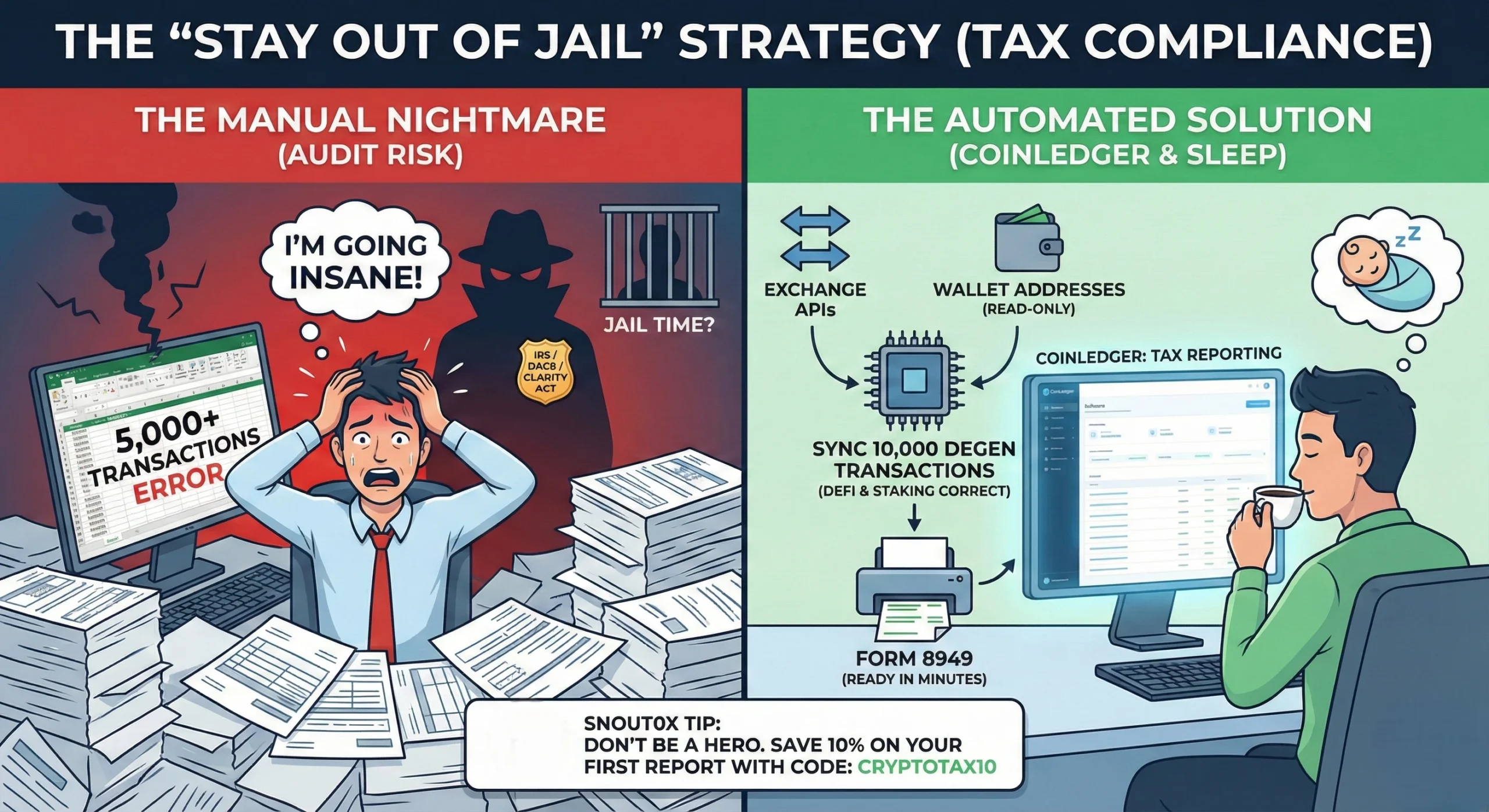 Infographic titled 'The Stay Out of Jail Strategy' contrasting the 'Manual Nightmare' of Excel sprea