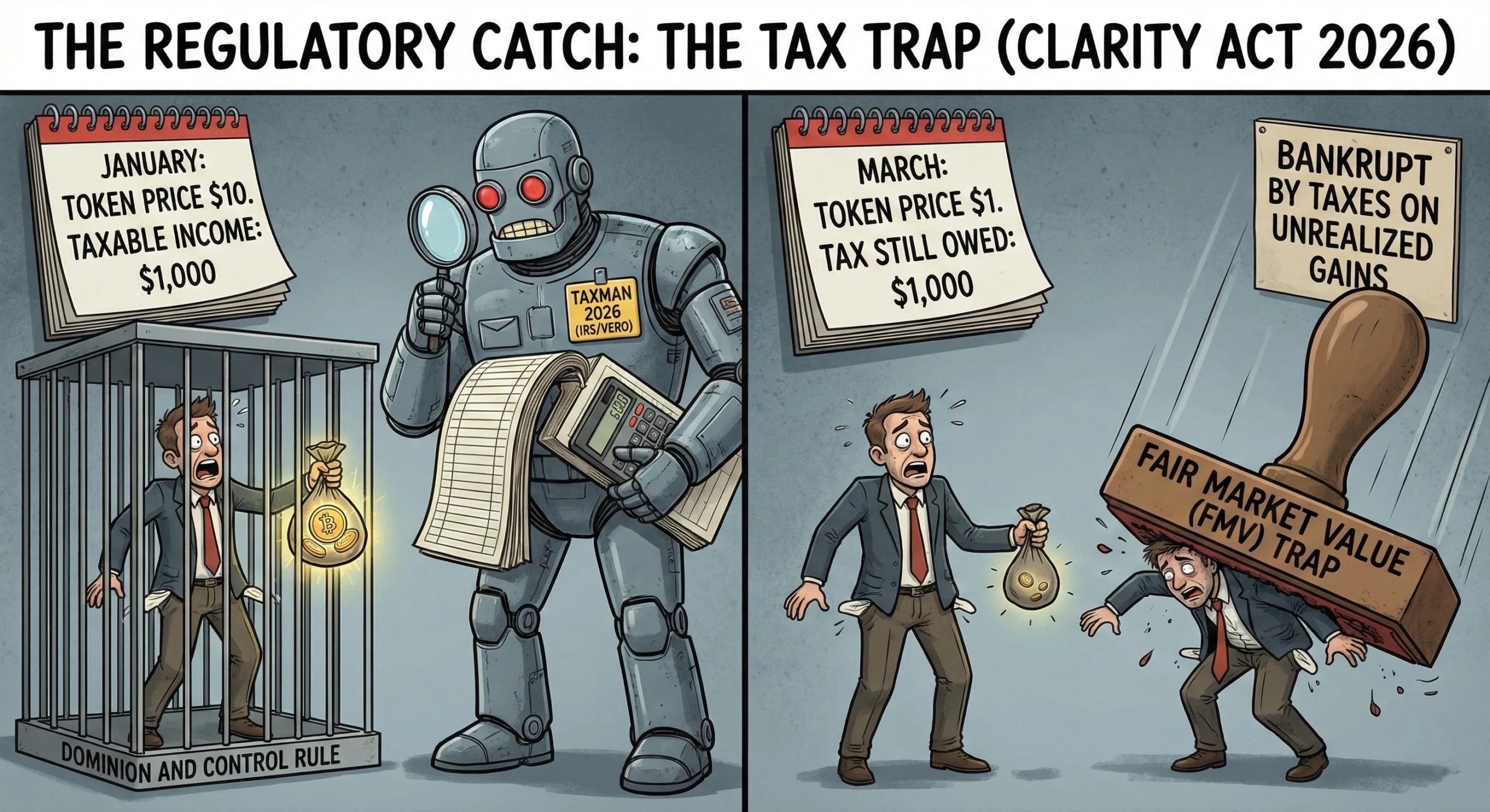 Staking Crypto in 2026: What's the Catch? (Risks & Real Yields) 6 Cartoon showing the 2026 crypto tax trap: a robot taxing high reward values before a market crash le