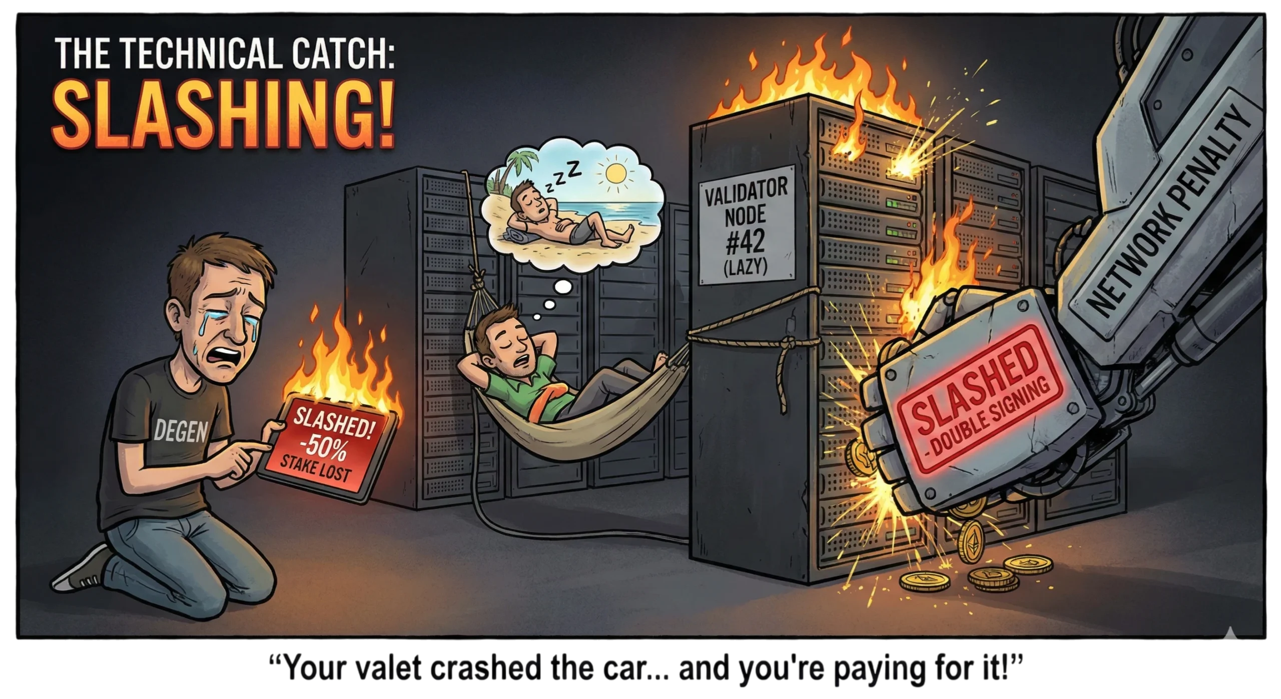 Staking Crypto in 2026: What's the Catch? (Risks & Real Yields) 4 A cautionary cartoon titled