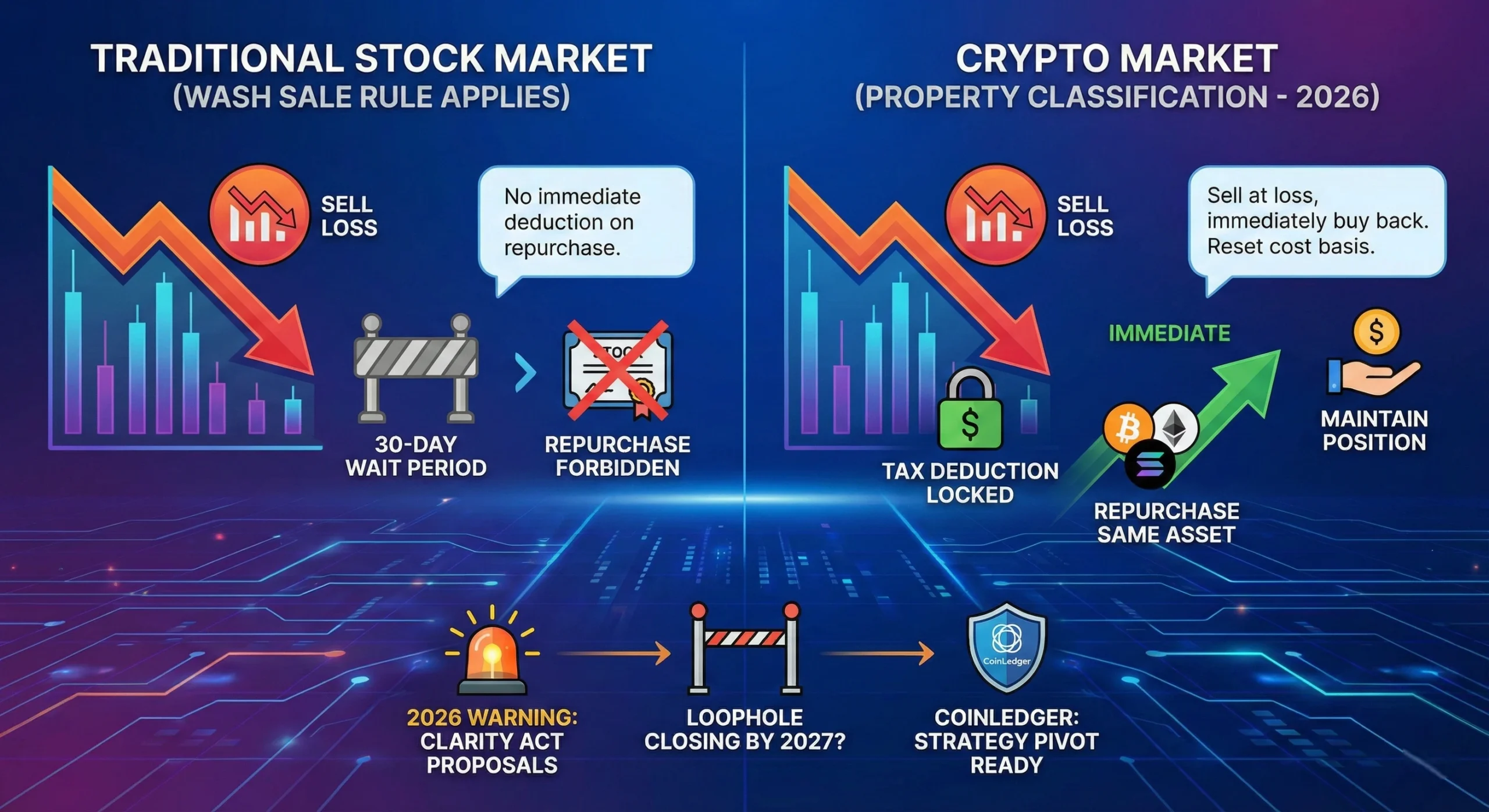Infographic comparing the 30-day wash sale rule in traditional stocks versus the 2026 crypto market 