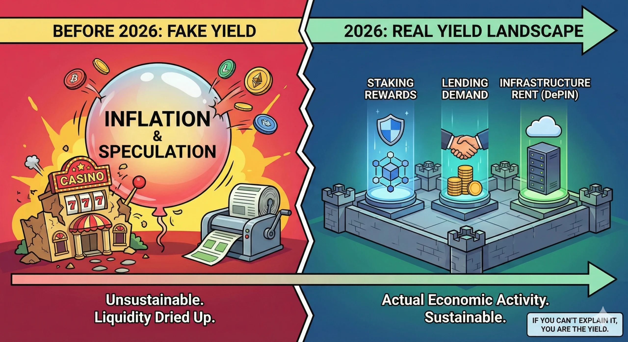 How to Earn Yield on Bitcoin & Crypto in 2026: A Survival Guide 3 Comparison of pre-2026 unsustainable crypto yield versus the 2026 Real Yield landscape based on stak