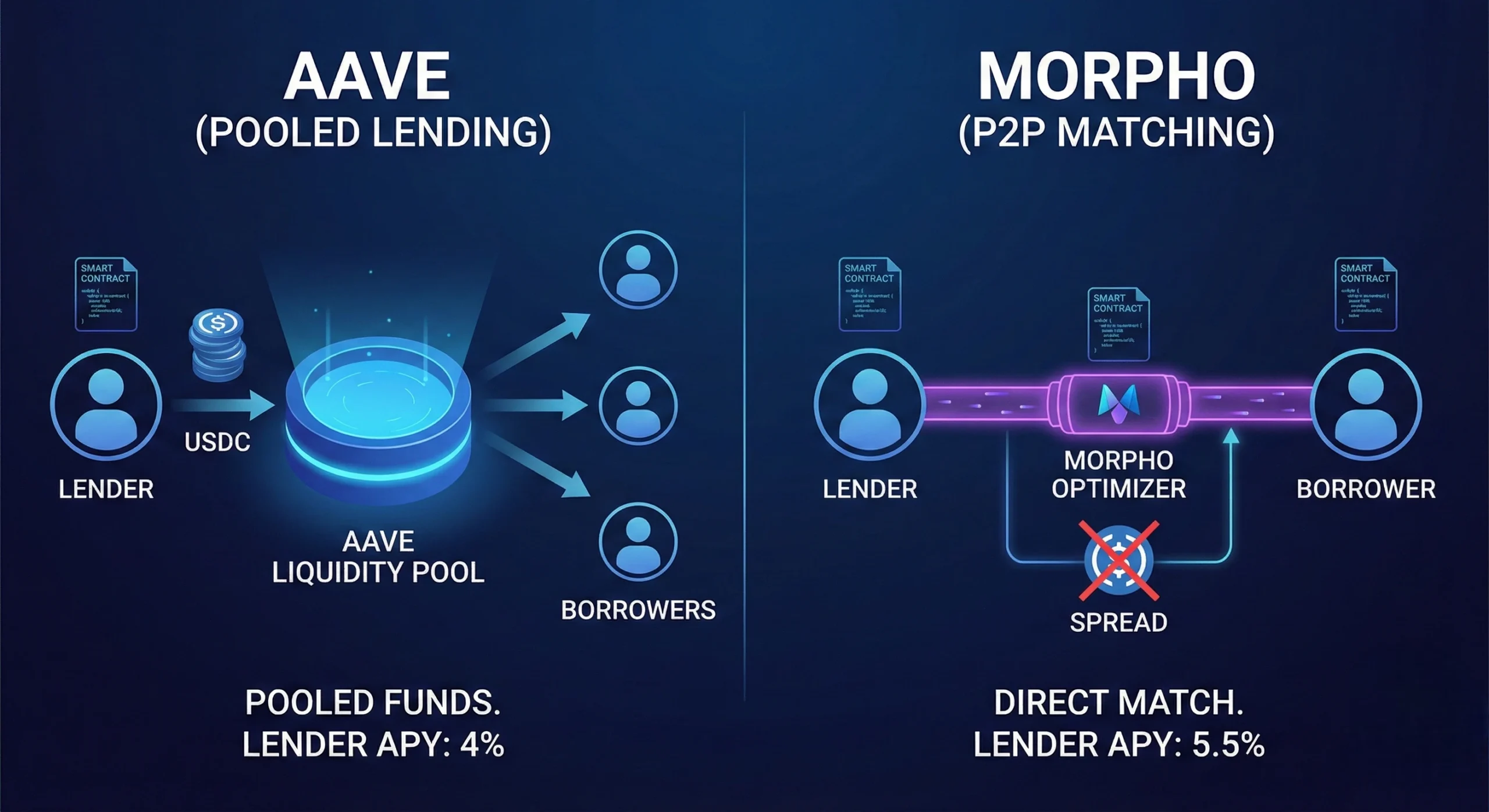 Stablecoin Passive Income 2026: The Realistic Guide to 5-10% Yields 3 Comparison diagram of DeFi lending models: Aave liquidity pools with a wider interest spread versus