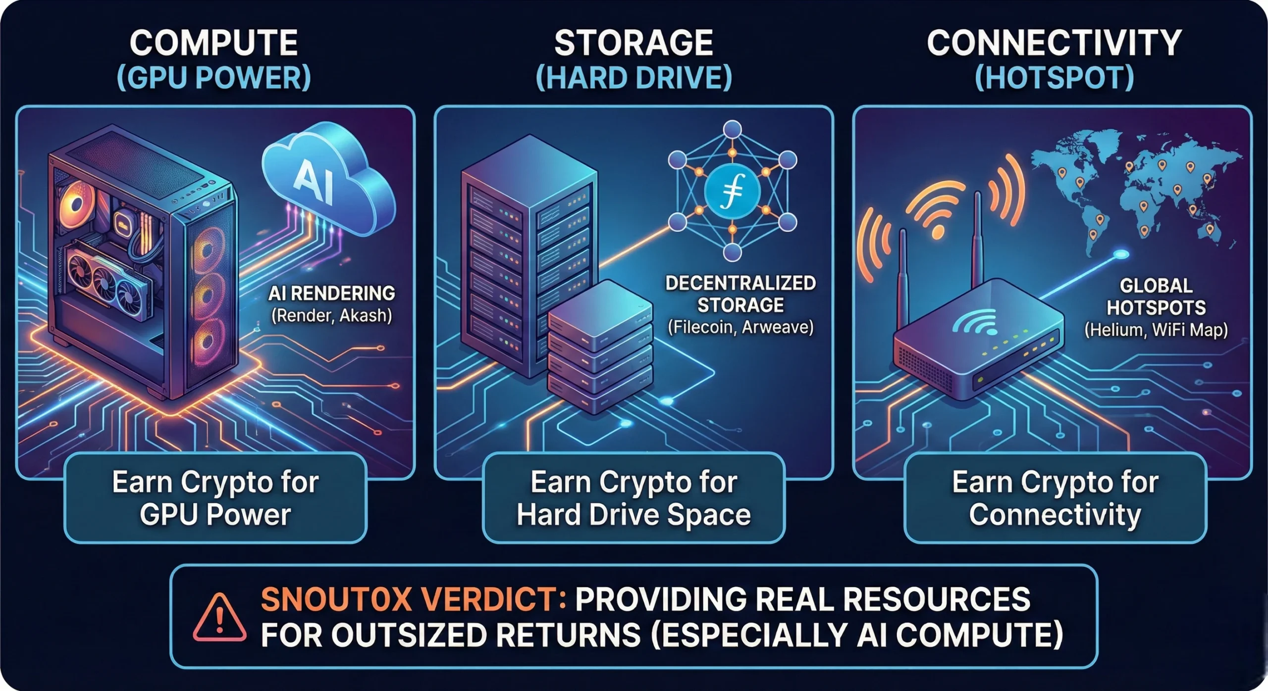 How to Earn Yield on Bitcoin & Crypto in 2026: A Survival Guide 6 Infographic showing three DePIN strategies to earn crypto: GPU compute for AI, hard drive storage, a