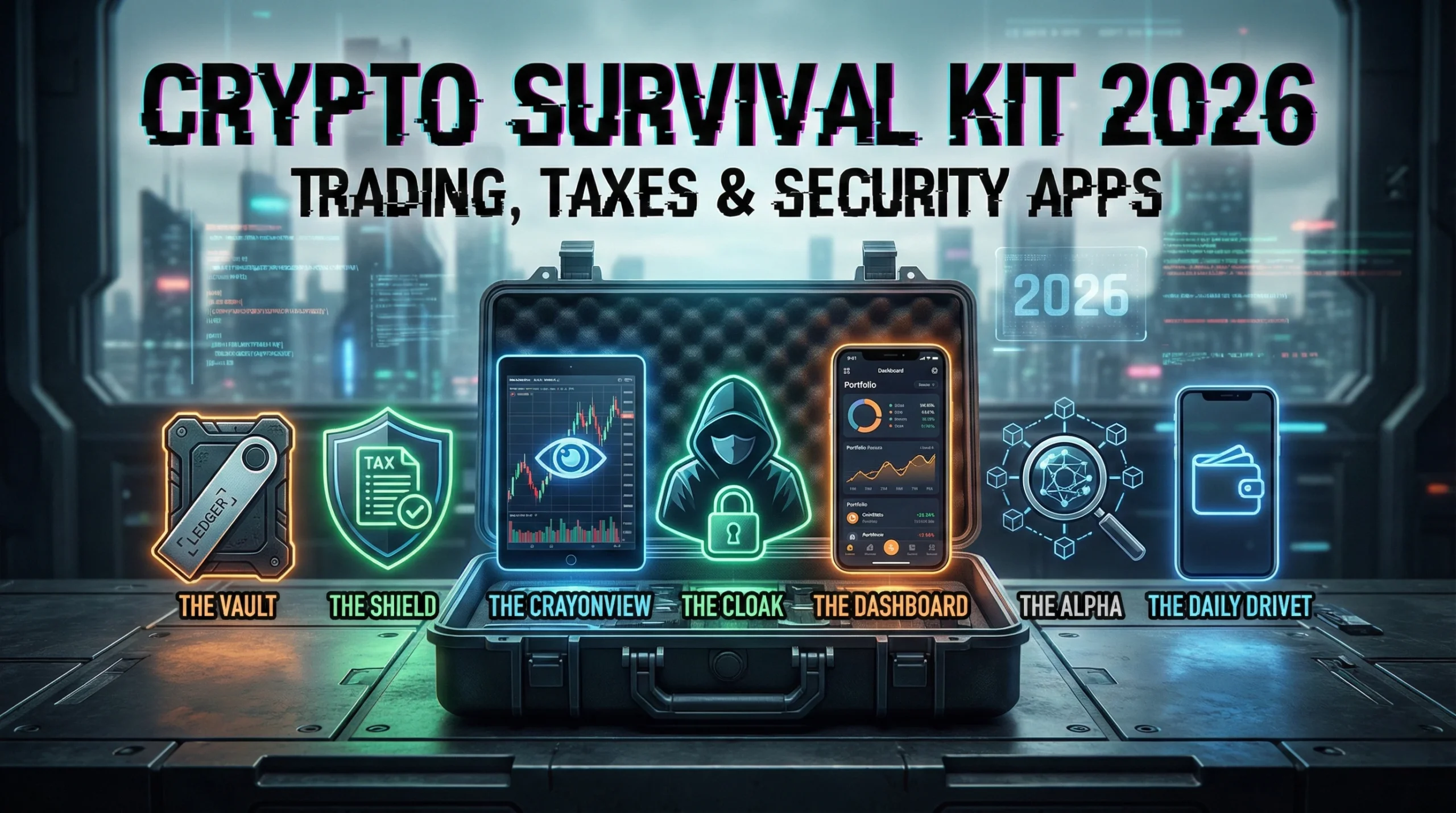Digital illustration of a 2026 crypto survival kit featuring essential tools for trading, taxes, and