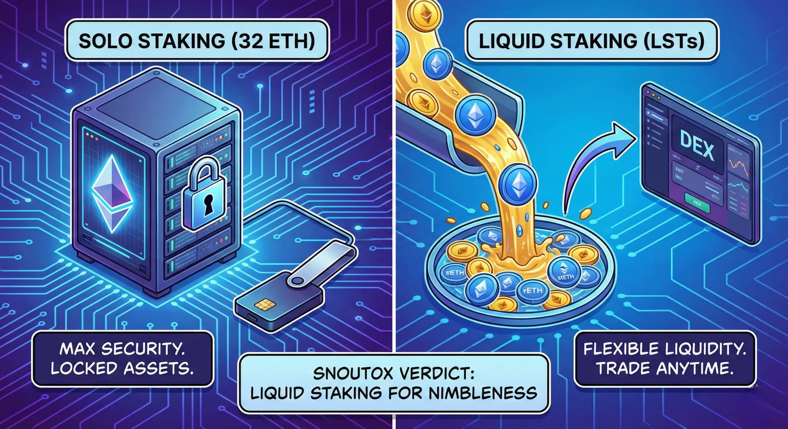 How to Earn Yield on Bitcoin & Crypto in 2026: A Survival Guide 4 Infographic comparing secure solo Ethereum staking (32 ETH locked) versus flexible liquid staking us