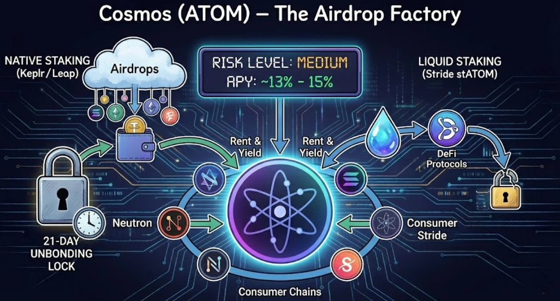 Best Staking Coins 2026: Low-Risk Yields That Won’t Rug You 4 Cosmos (ATOM) – The Airdrop Factory'. The center features the Cosmos logo receiving 'Rent & Yield' f