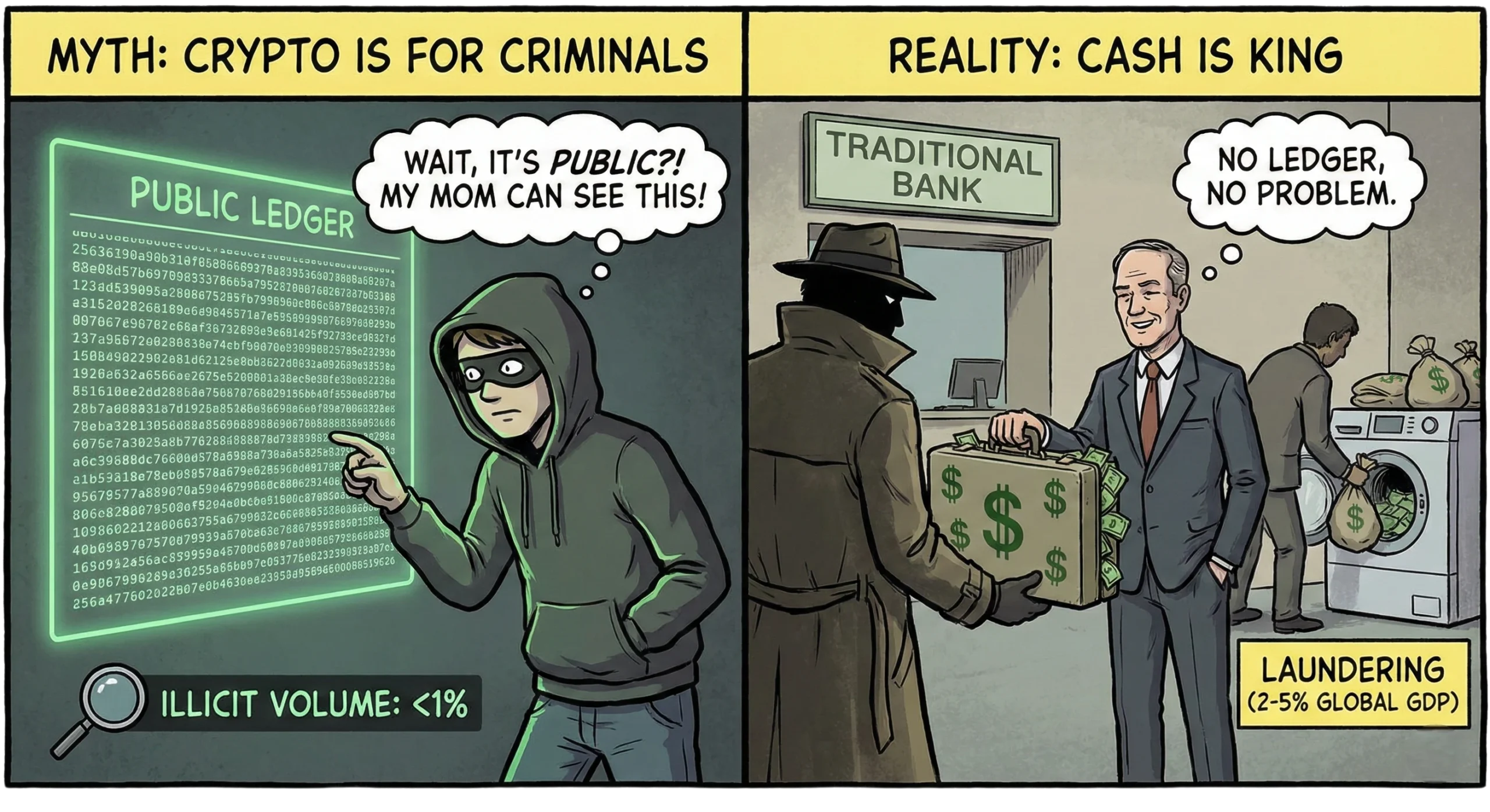Side-by-side comparison comic debunking the crypto money laundering myth: Left panel shows a crimina