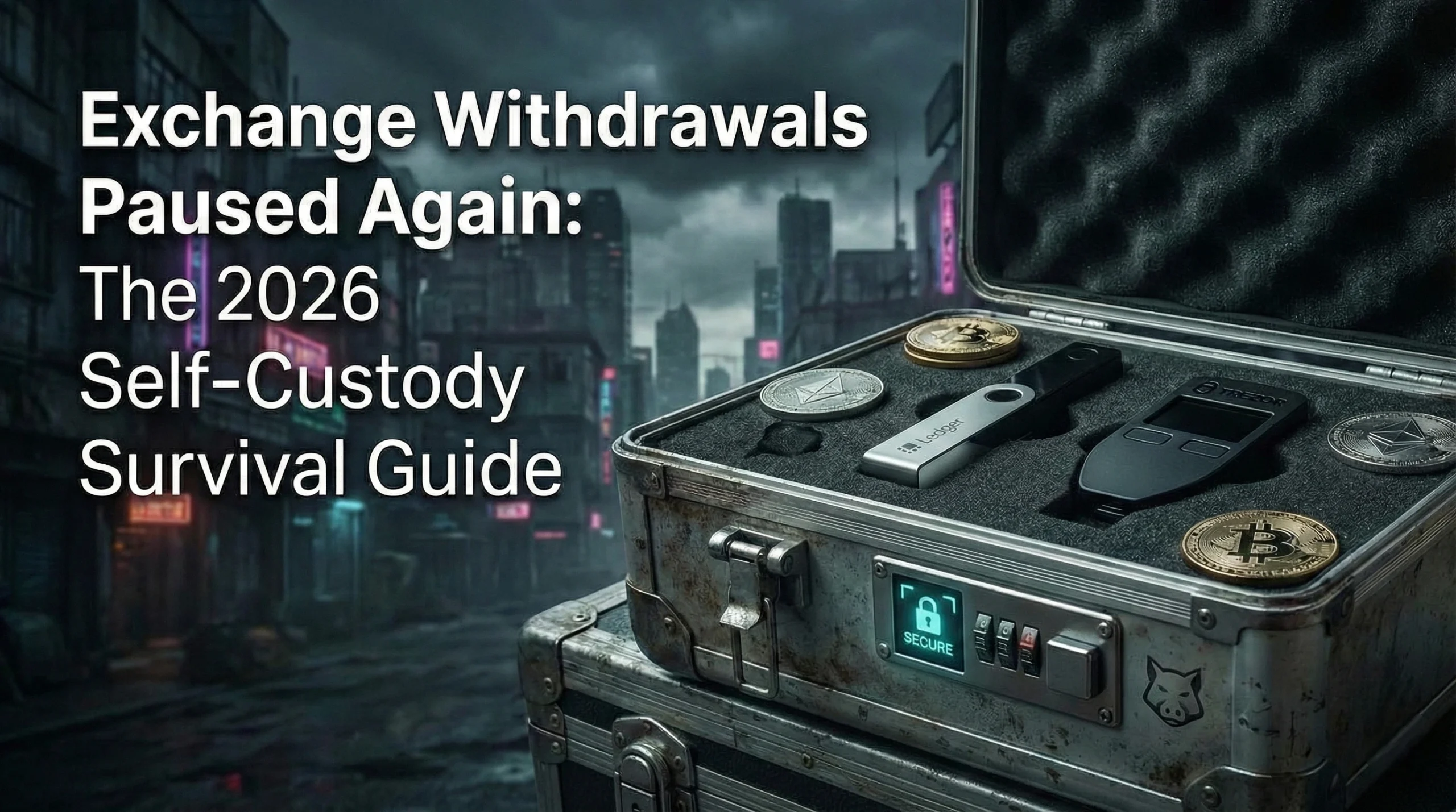 Secure metal briefcase containing Ledger Nano X and Trezor Safe 7 hardware wallets, illustrating the