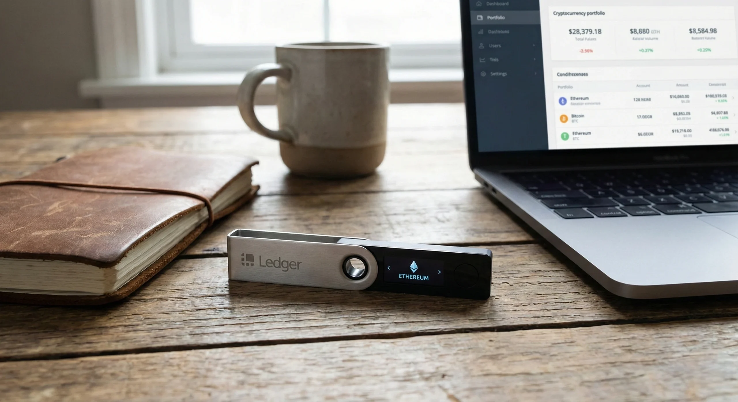 Close-up of a Ledger Nano X hardware wallet resting on a wooden table, displaying the Ethereum logo 