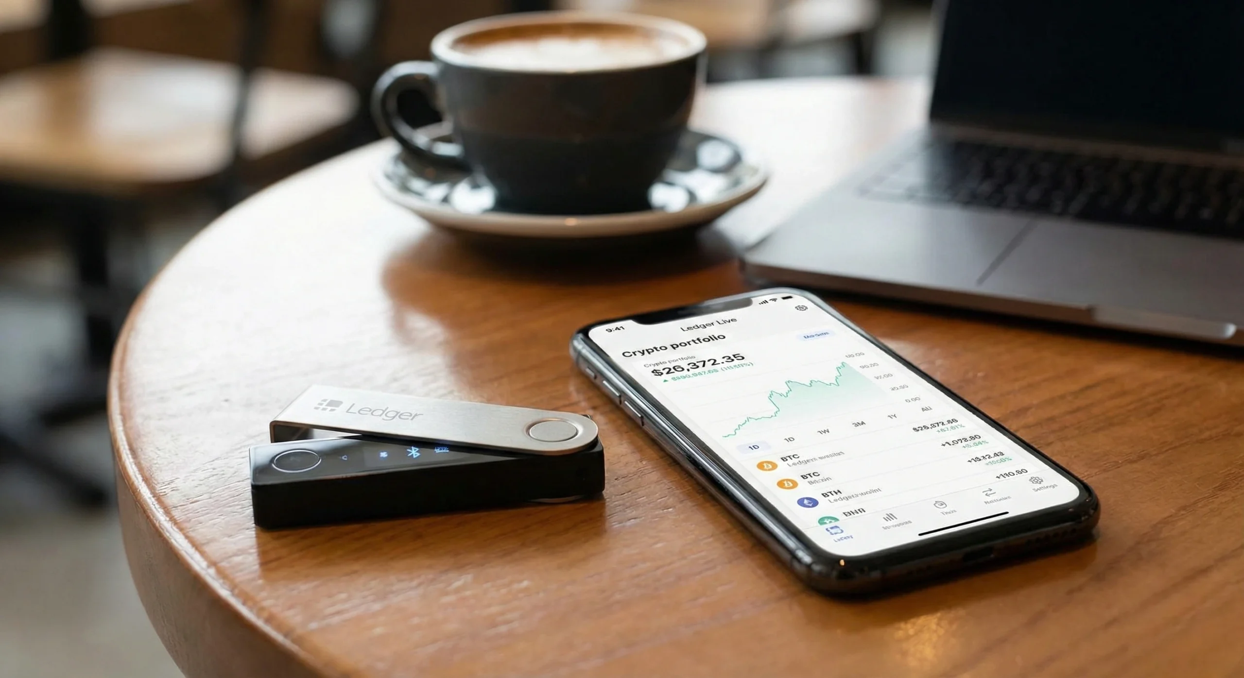 Ledger Nano X hardware wallet sitting on a coffee table next to an iPhone displaying the Ledger Live