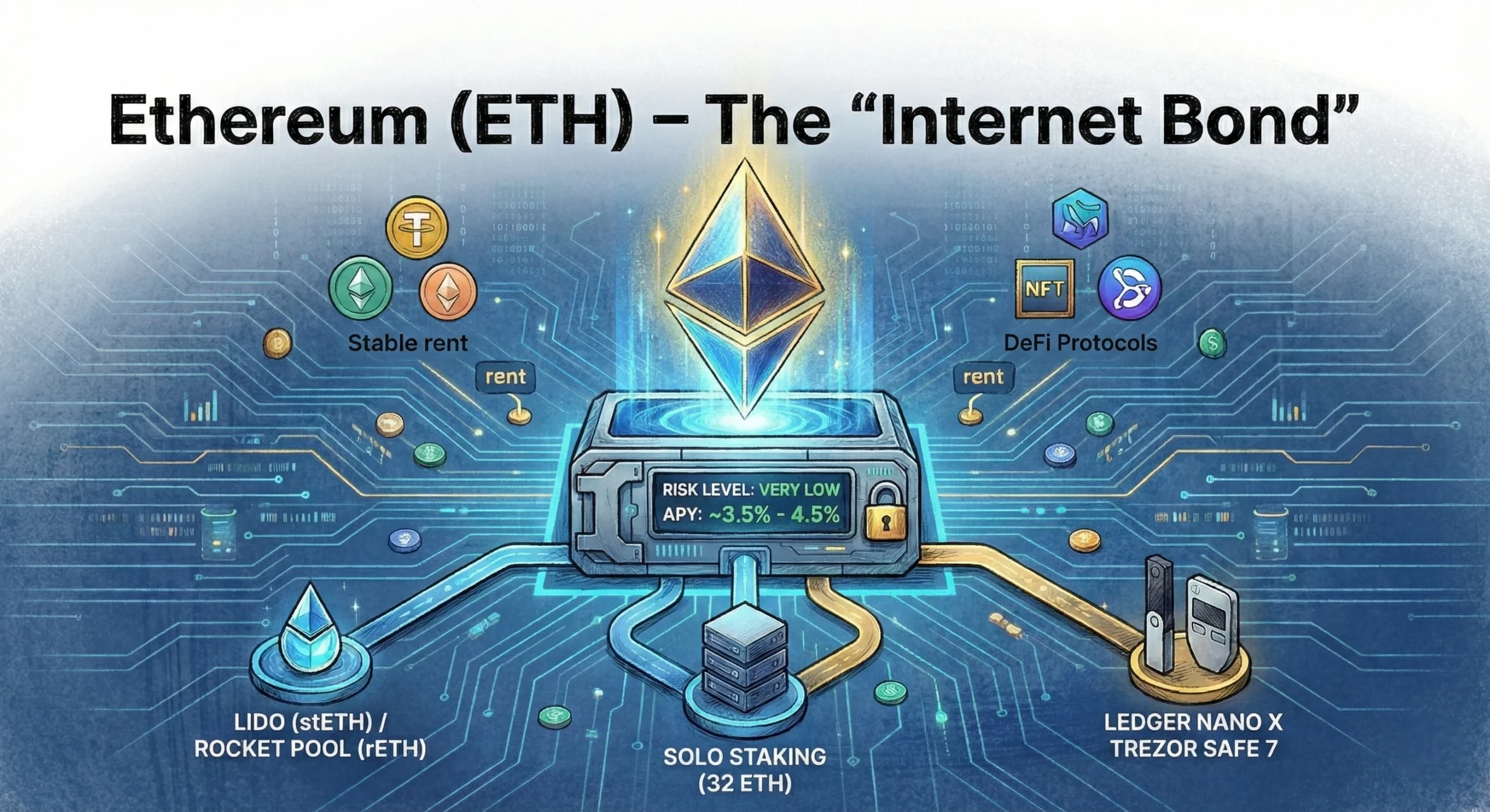 Best Staking Coins 2026: Low-Risk Yields That Won’t Rug You 2 A hand-drawn style diagram titled 'Ethereum (ETH) - The Internet Bond'. The center features a glowin