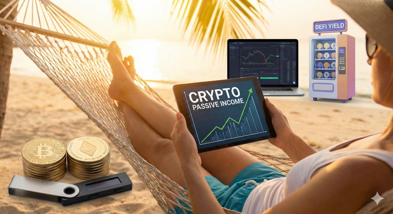 Stablecoin Passive Income 2026: The Realistic Guide to 5-10% Yields 1 A person is relaxing in a hammock on a tropical beach at sunset, holding a tablet that displays a gr