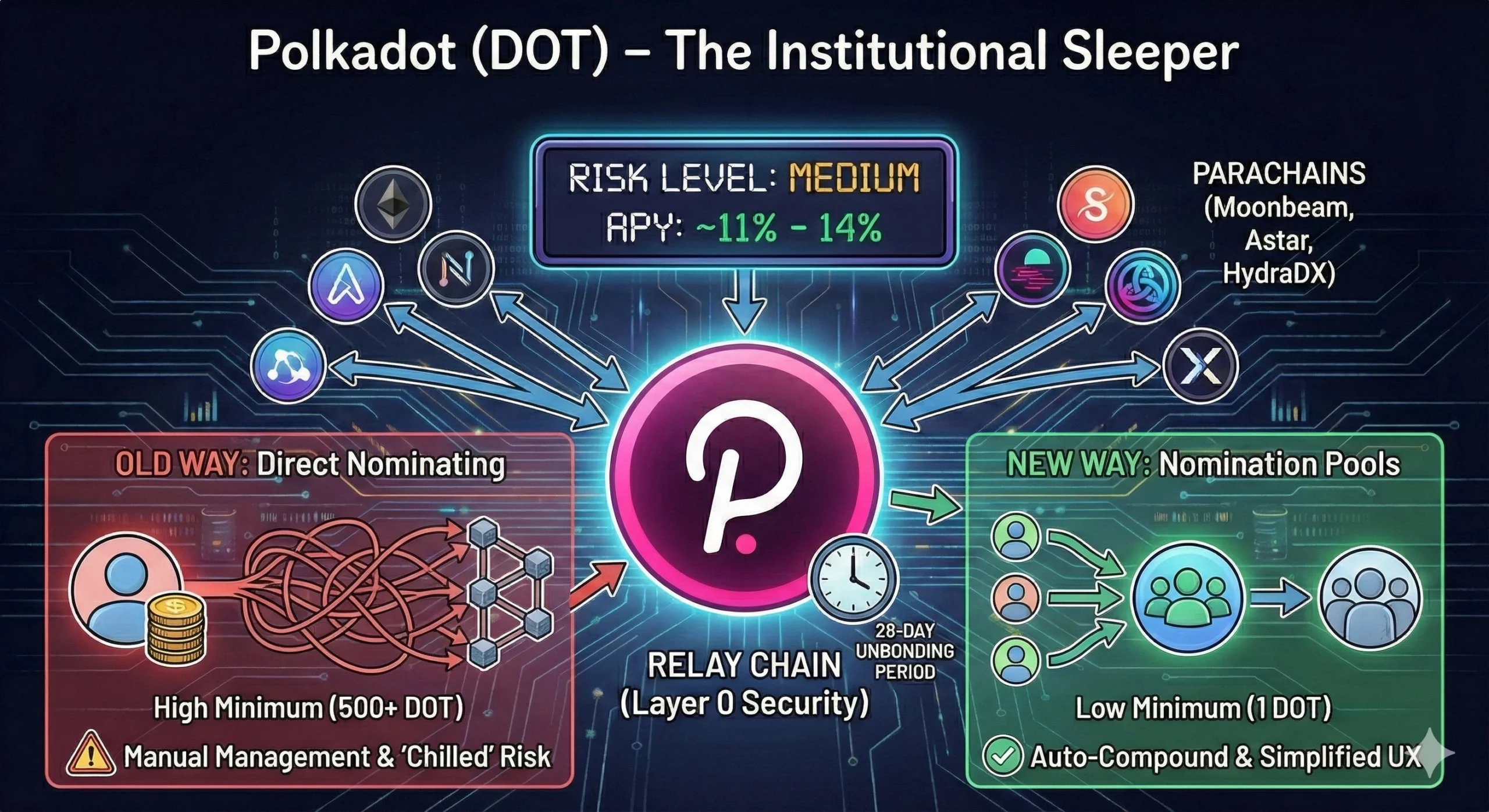 Best Staking Coins 2026: Low-Risk Yields That Won’t Rug You 5 Detailed diagram explaining Polkadot (DOT) staking mechanics for 2026. Visualizes the Relay Chain la