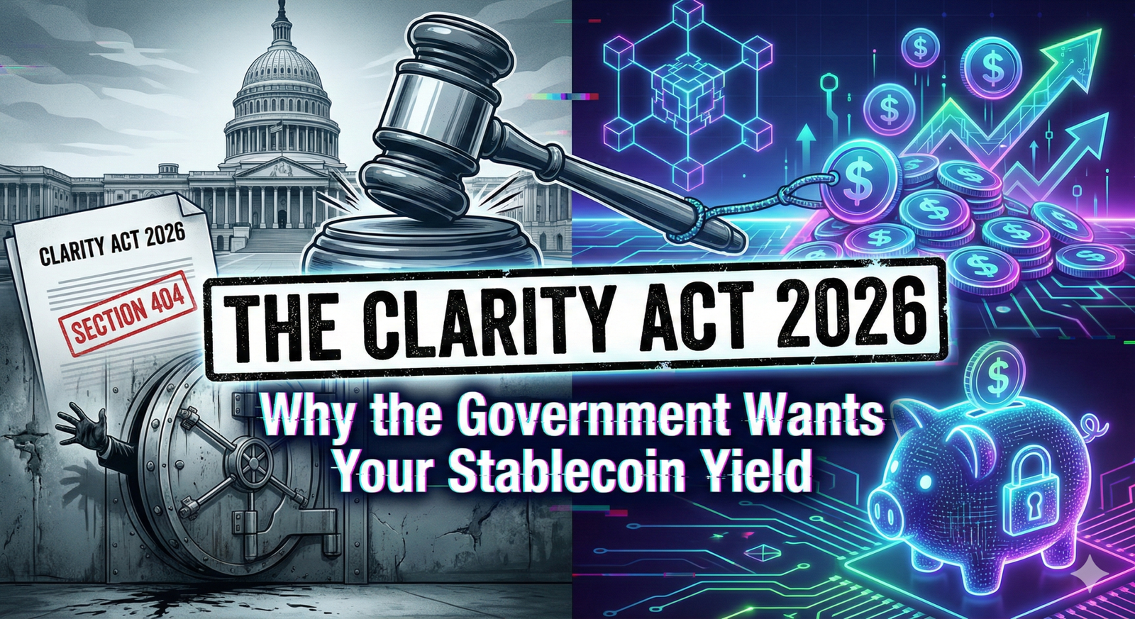 A split-panel digital illustration. The left side, in greyscale, features the US Capitol building, a