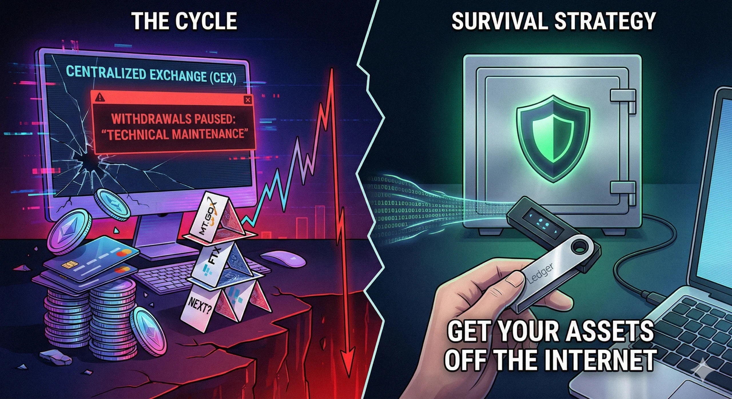 Split illustration comparing crypto exchange risks vs. self-custody security. Left side: A crashing 