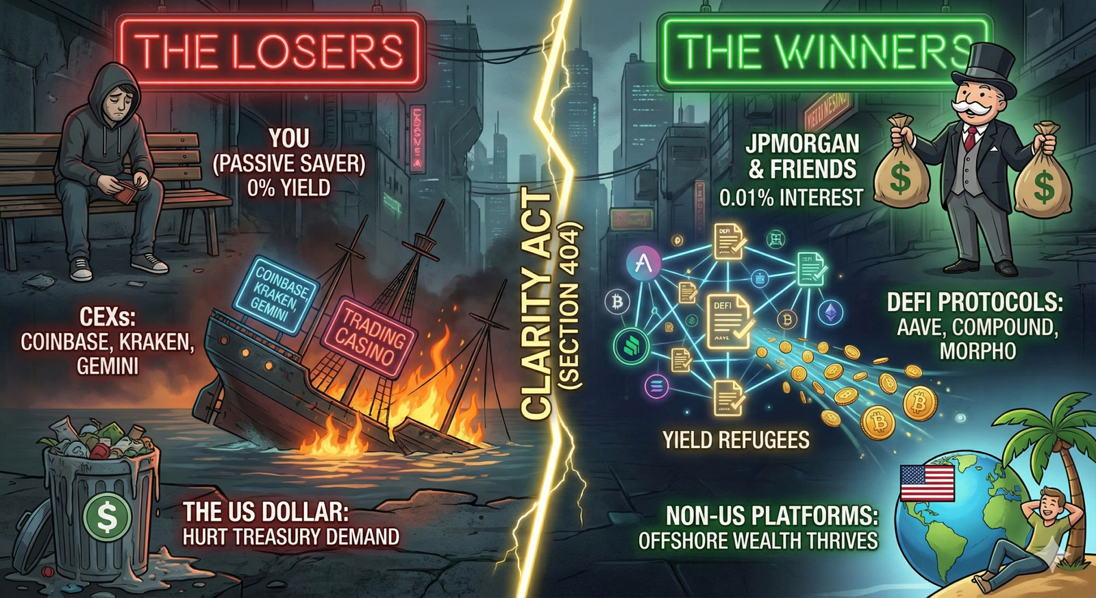Infographic illustrating the winners and losers of the 2026 CLARITY Act Section 404 regarding stable