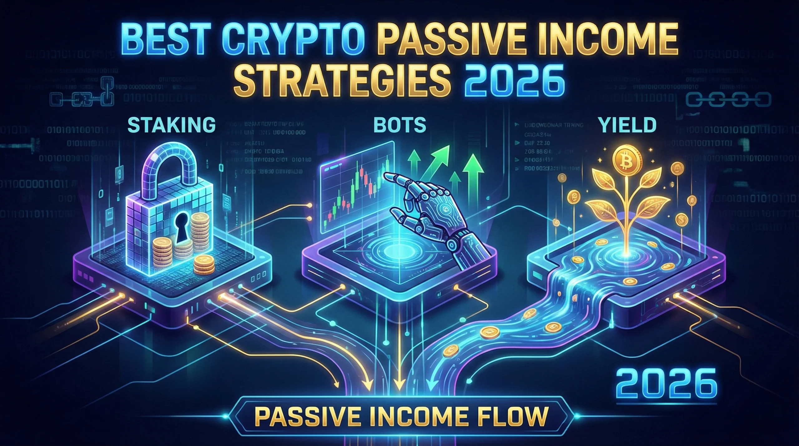 Futuristic illustration showing three crypto passive income streams: crypto staking lock, automated 