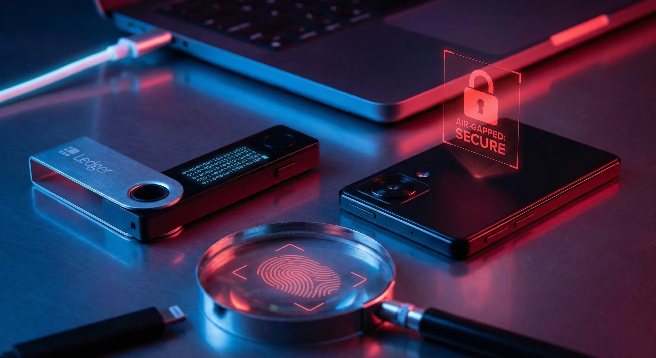 A Ledger hardware wallet lying next to a smartphone displaying a holographic 