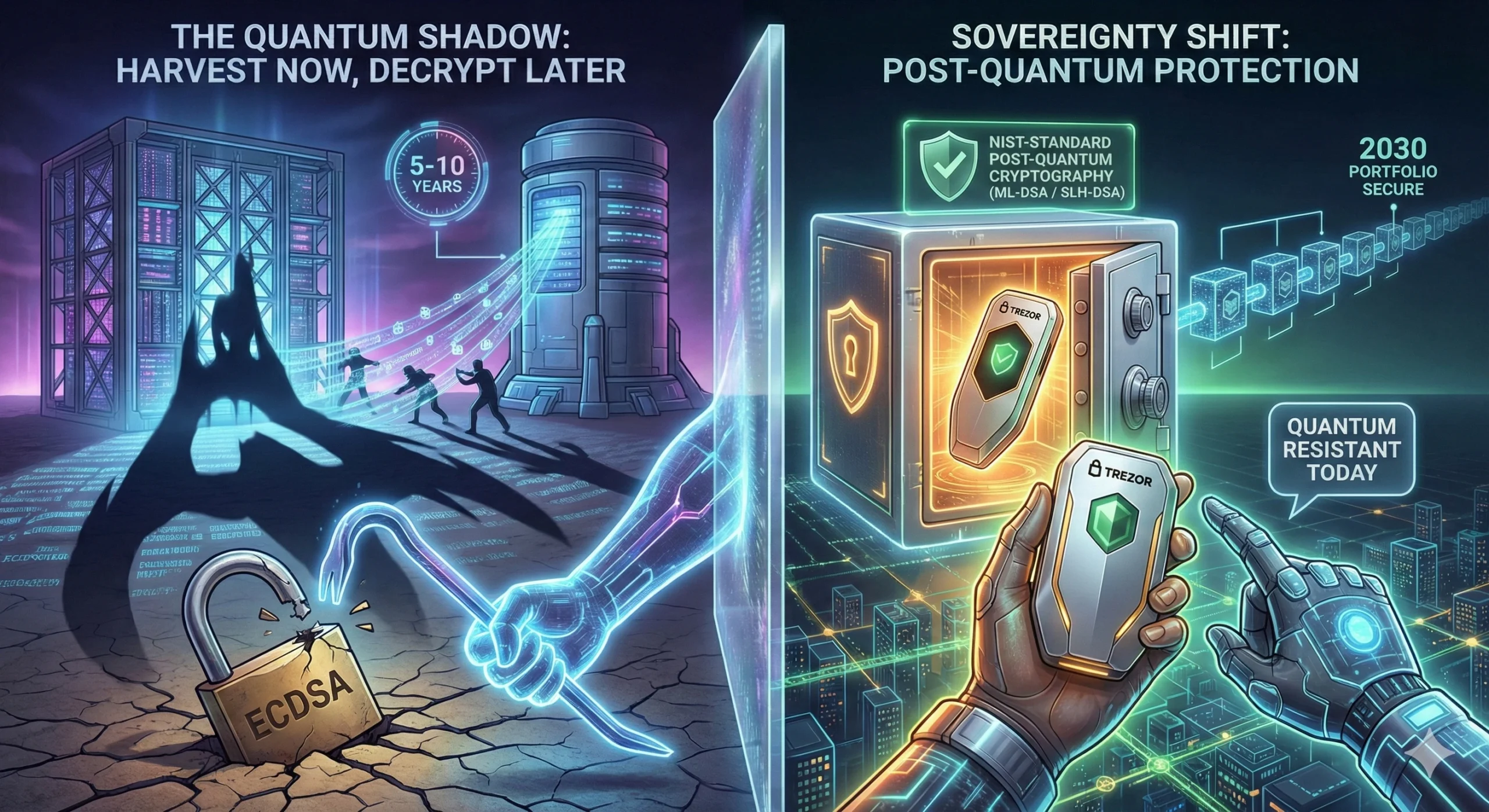 Hot vs. Cold Wallets: Why Your 'Hybrid' Setup is Leaking Money 5 Split-screen illustration showing 'The Quantum Shadow: Harvest Now, Decrypt Later' threat with attac